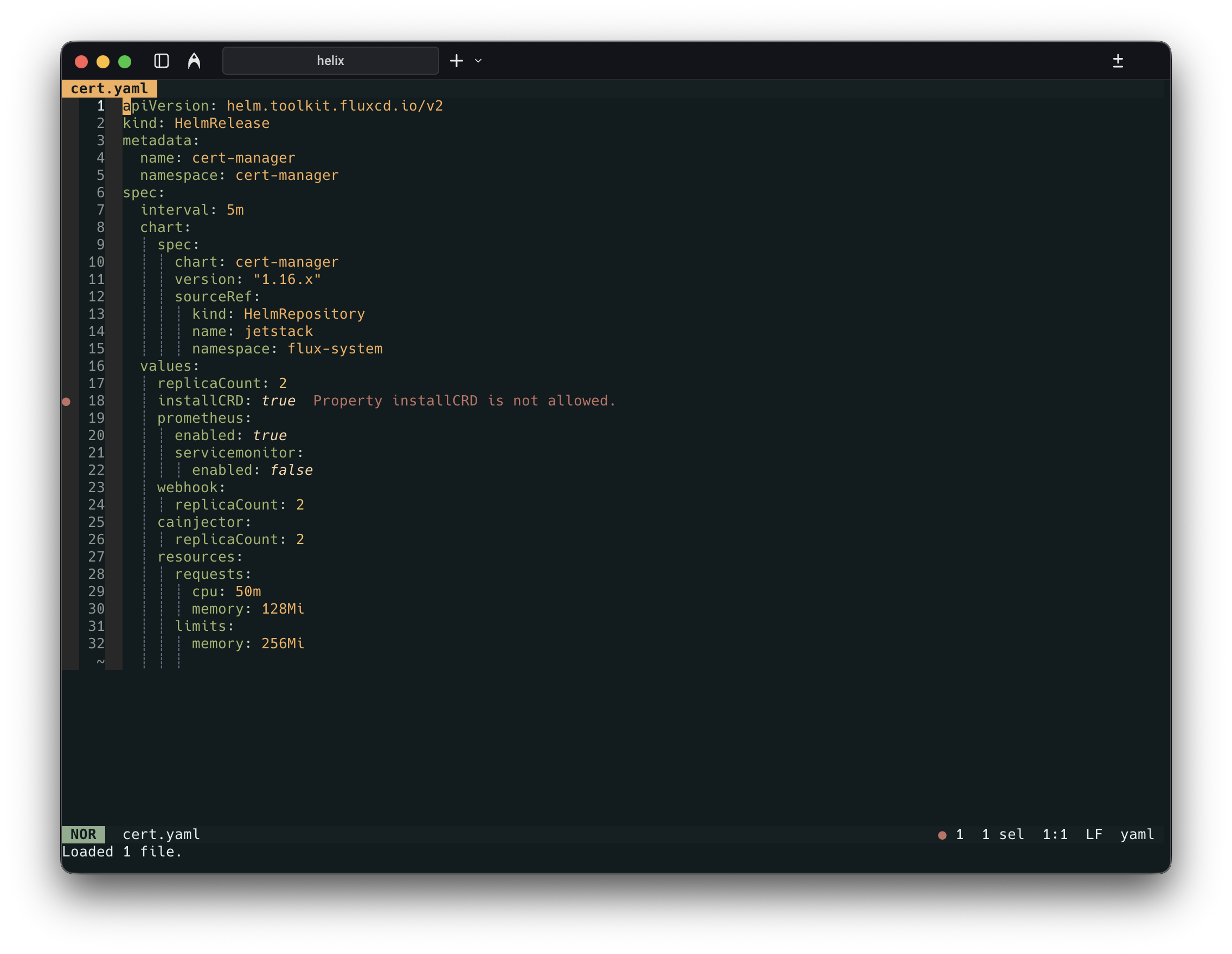 Helix editor showing schema validation error